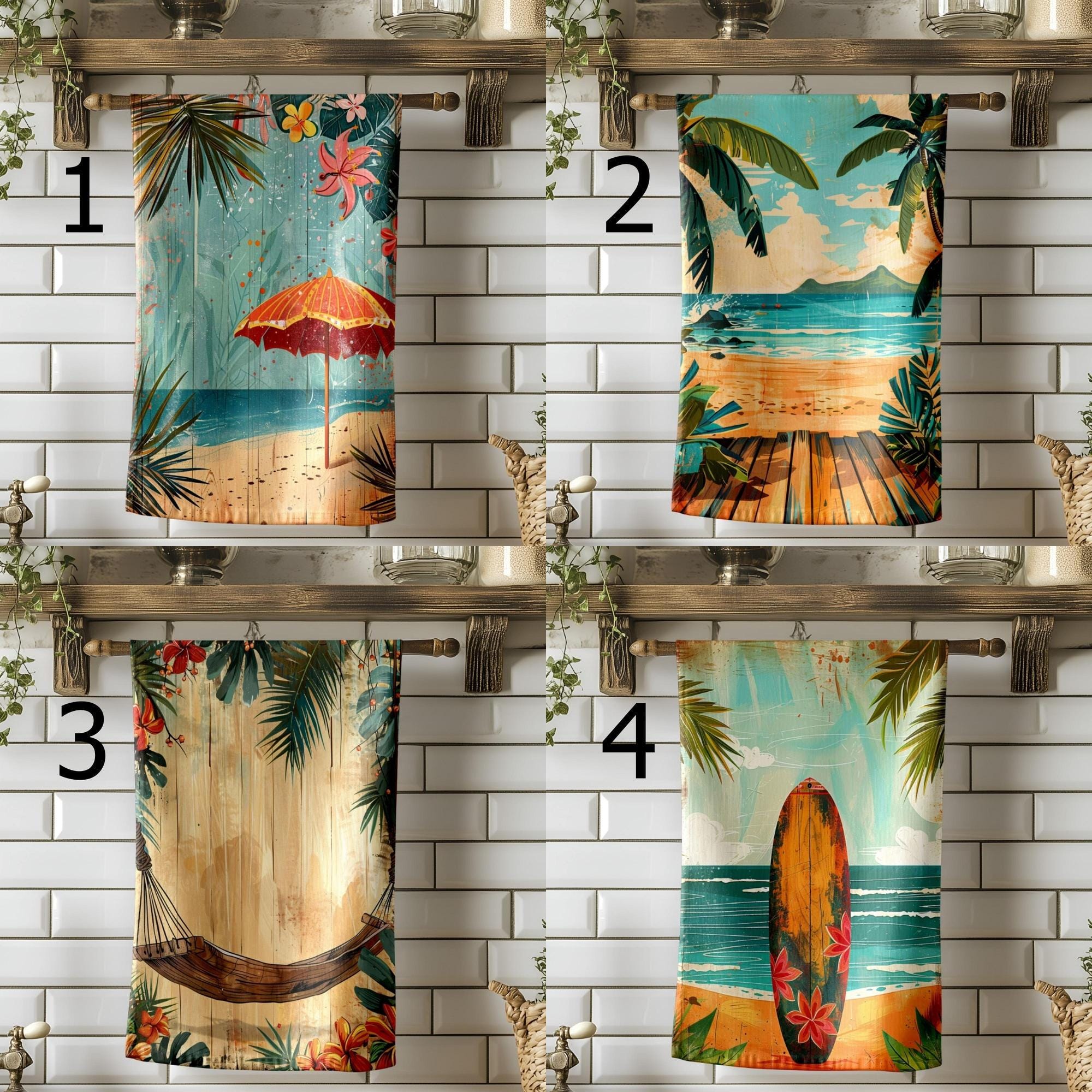 Retro Beach Tea Towels, Coastal Summer Kitchen Decor, Seaside Dish Towels, Tropical Retro Kitchen Towels, Summer Kitchen Gift