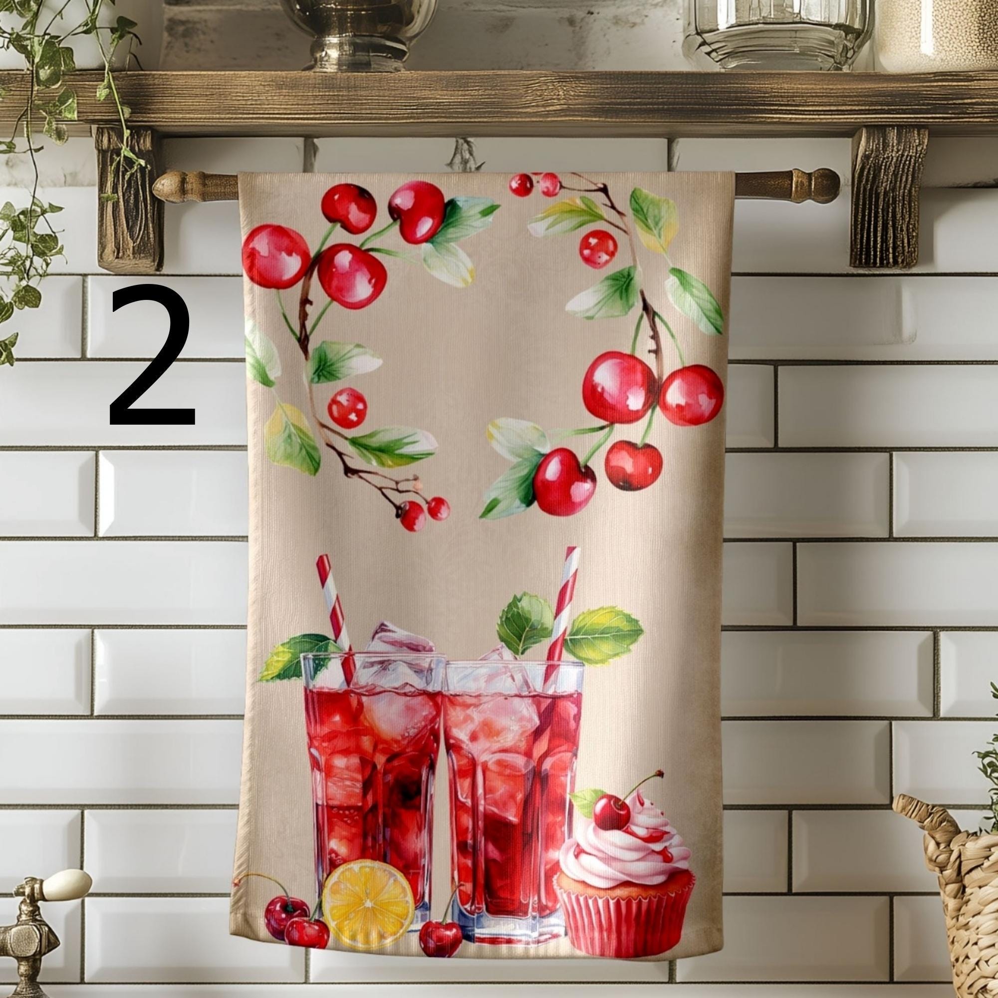 Cherry Tea Towels, Red Cherry Summer Kitchen Decor, Sweet Cherry Kitchen Towels, Fresh Picked Cherry Kitchen Towels, Summer Fruit Towels