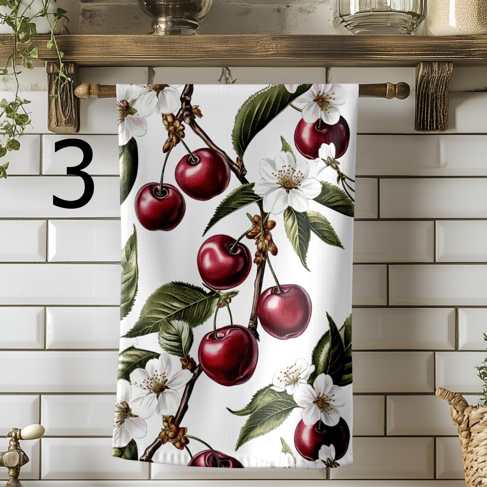 Sweet Cherry Kitchen Towels, Red Cherry Summer Kitchen Decor, Cherry Tea Towels, Fresh Picked Cherry Kitchen Towels, Summer Fruit Towels