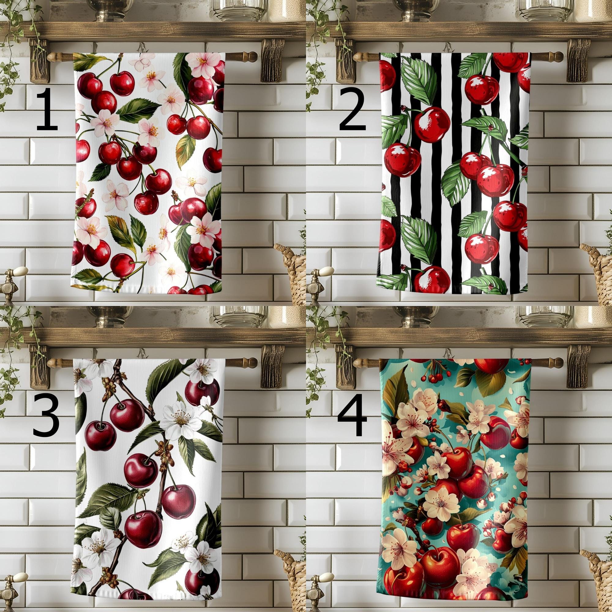 Sweet Cherry Kitchen Towels, Red Cherry Summer Kitchen Decor, Cherry Tea Towels, Fresh Picked Cherry Kitchen Towels, Summer Fruit Towels