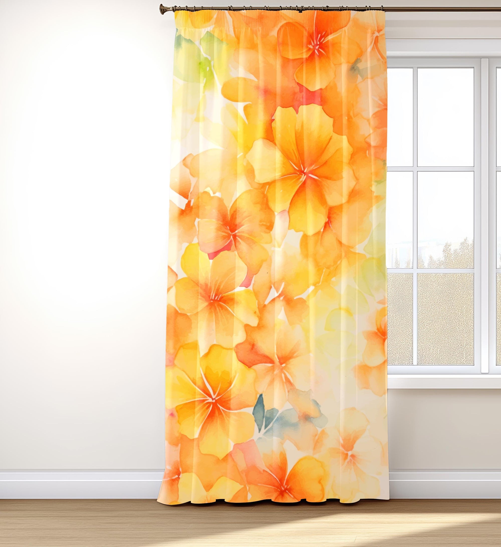 Watercolor Yellow Floral Curtain, Bright Cheerful Botanical Window Panel, Bright Yellow Floral Panels