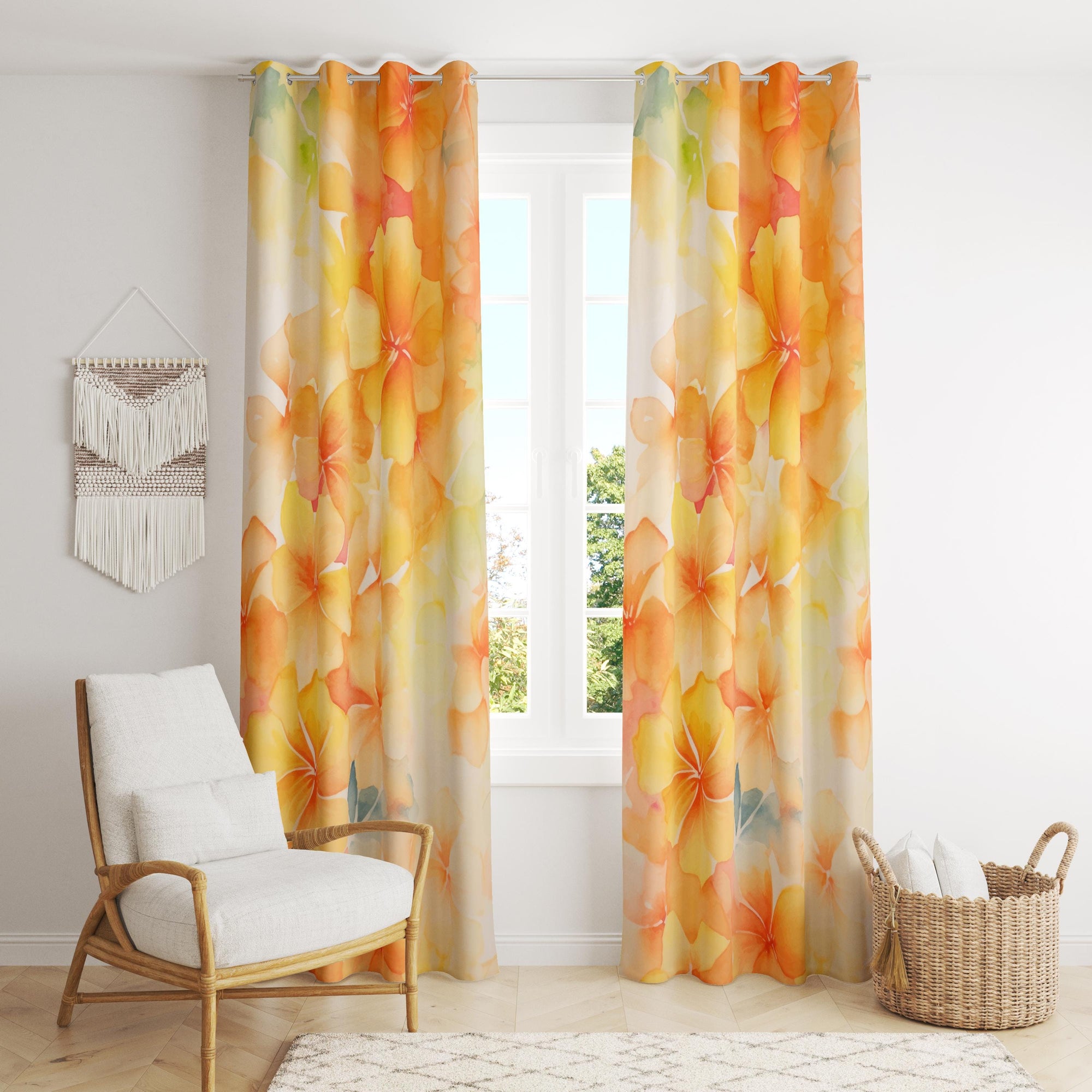 Watercolor Yellow Floral Curtain, Bright Cheerful Botanical Window Panel, Bright Yellow Floral Panels