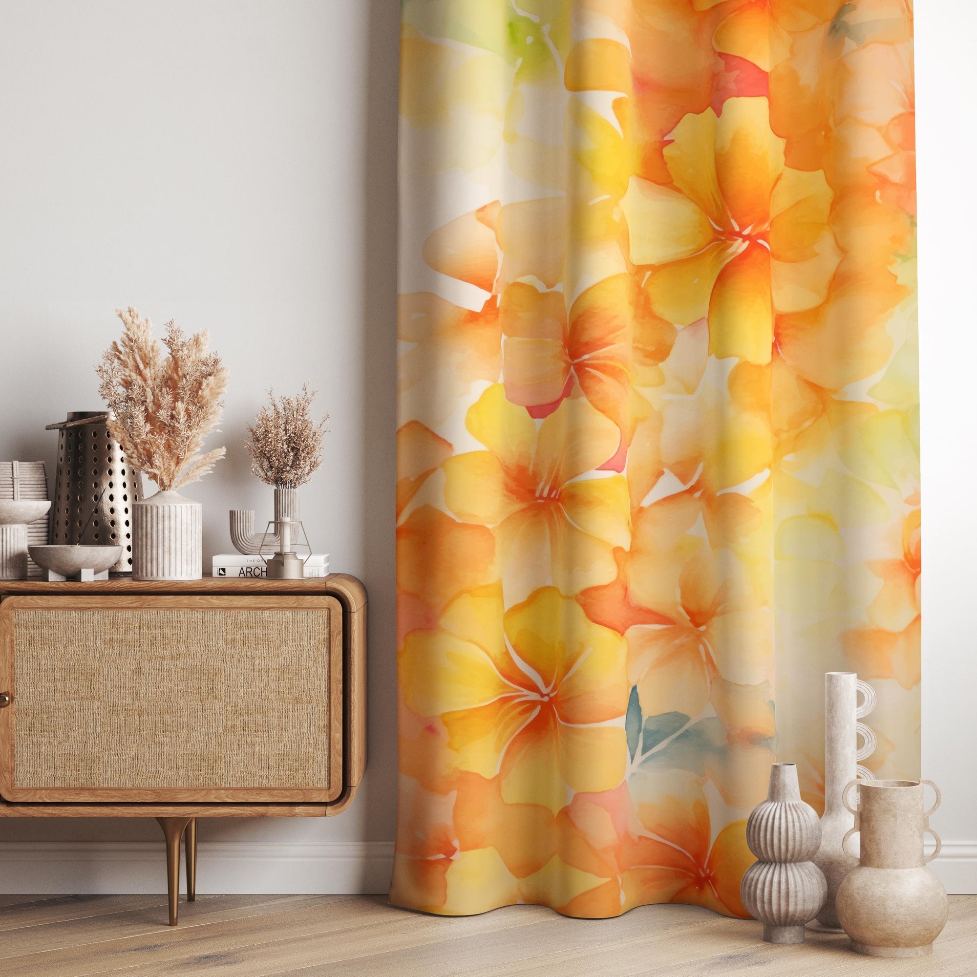 Watercolor Yellow Floral Curtain, Bright Cheerful Botanical Window Panel, Bright Yellow Floral Panels