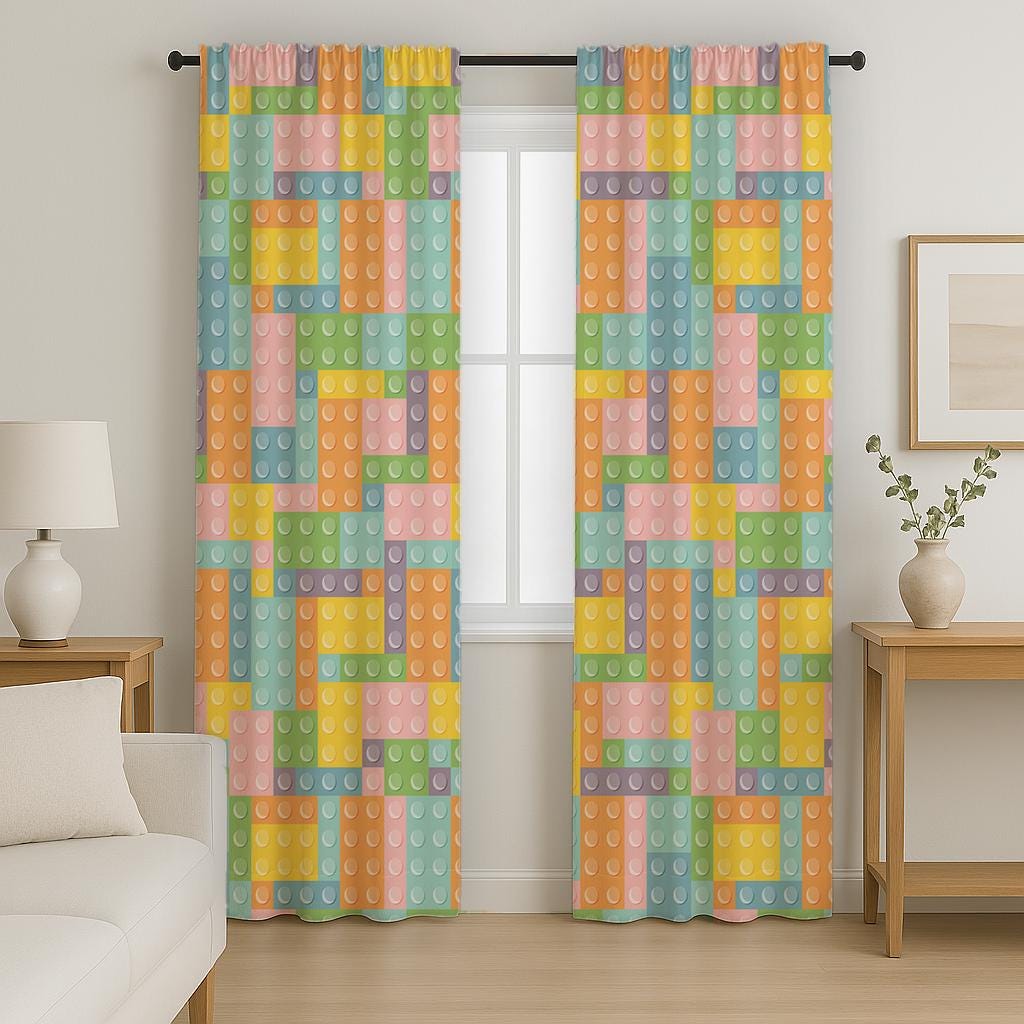 Colorful Lego Block Curtains, Fun Playroom Window Panels for Kids Room Decor, Soft Lego Panel Curtains, Kids Room Panel Curtain