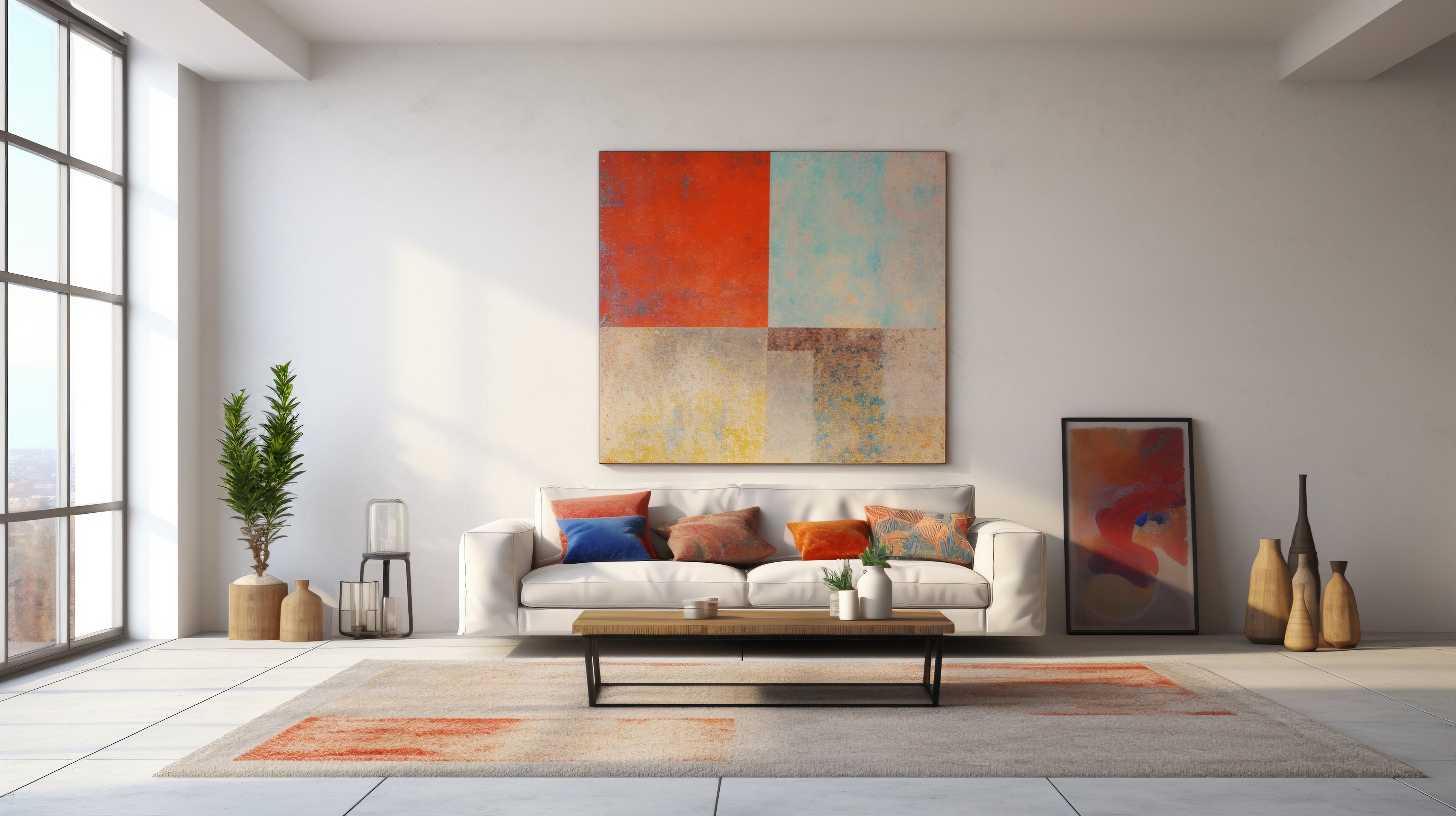 Modern living room interior with neutral sofa, colorful cushions, abstract wall art, coffee table, and decorative vases — cozy and stylish home decor inspiration.
